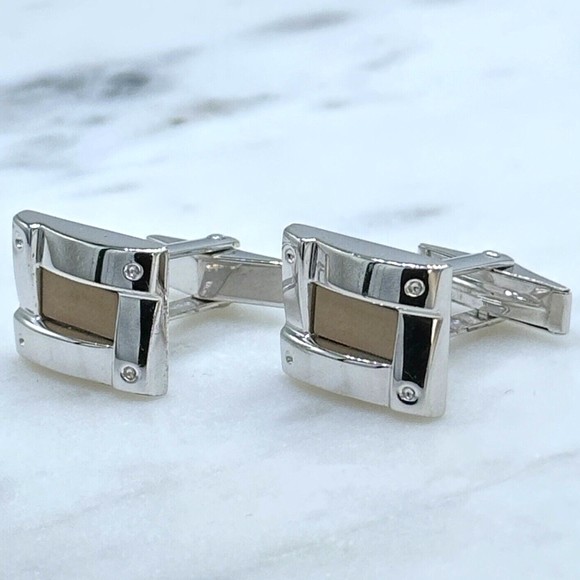 925 Silver Trim & 14K Gold Center Rectangle Elegant Formal Whale Back Cufflinks - Picture 2 of 10